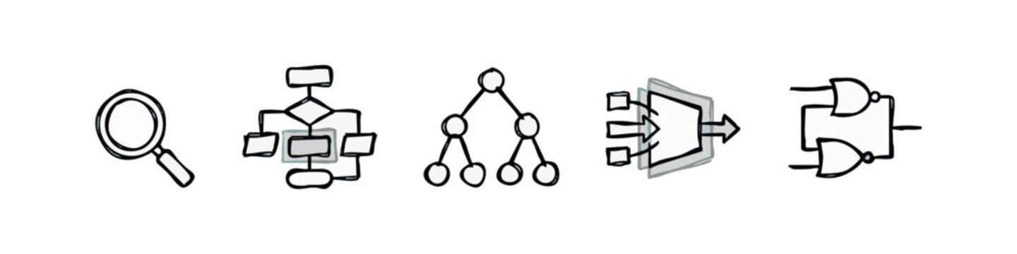 Logic and data icons: magnifying glass, flowchart, tree diagram, data input, logic gates