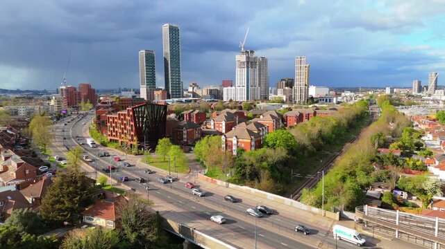 Drone shot Western Avenue A40 road through Acton in West London, England