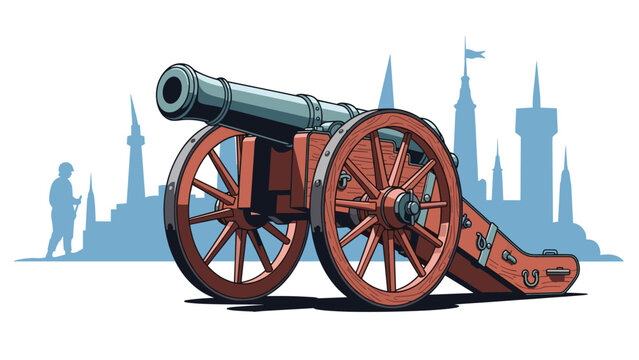 Historical heavy metal cannon on wooden wheels positioned in front of a blue silhouette of a city skyline with towers and flags.
