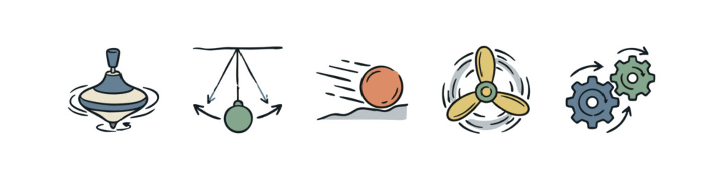 Icons depicting physics concepts: spinning top, pendulum, rolling object, propeller, gears