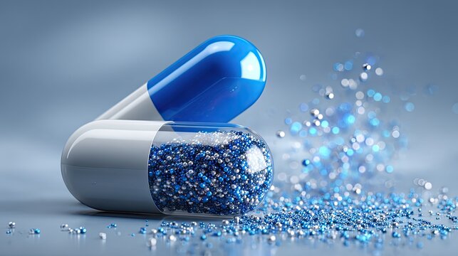 3D sustained release particle blue transparent capsule, pharmaceutical drug preparation, biomedical healthcare research promotional background