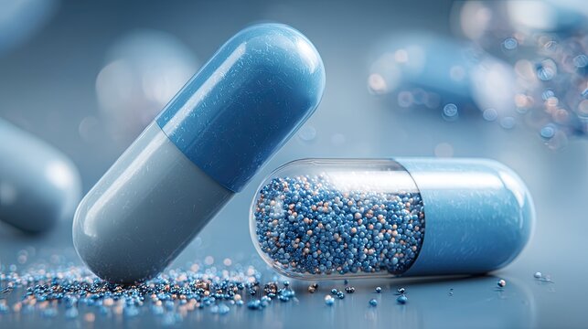 3D sustained release particle blue transparent capsule, pharmaceutical drug preparation, biomedical healthcare research promotional background