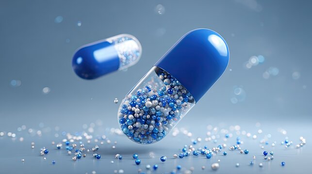 3D sustained release particle blue transparent capsule, pharmaceutical drug preparation, biomedical healthcare research promotional background