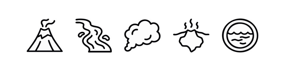 Line art icons of elements: volcano, river, smoke cloud, lava, and water © liubomir118809