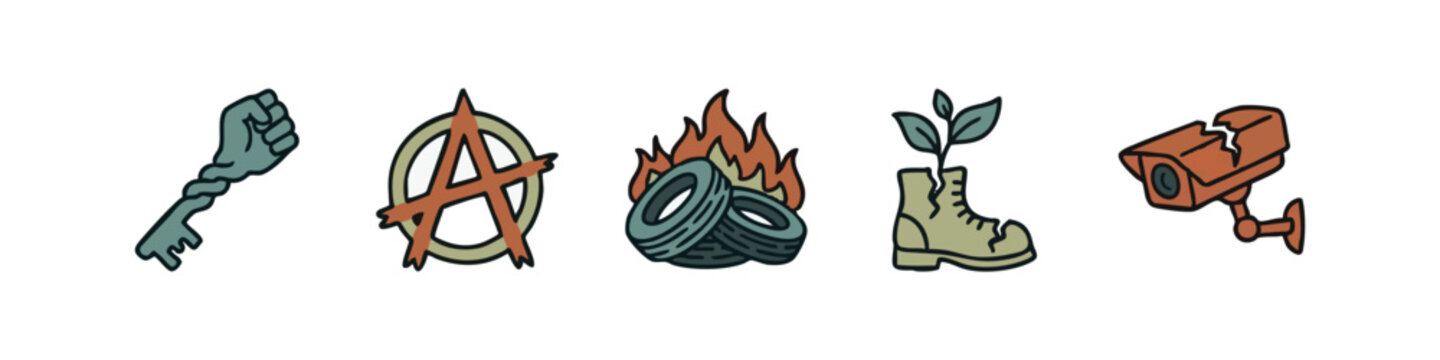 Icons of protest and resistance: key, anarchy symbol, burning tires, boot with plant, camera.