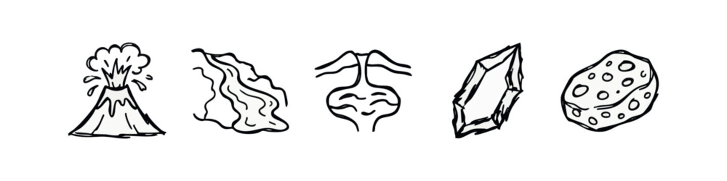 Geology and nature icons: volcano, waterfall, rock strata, crystal, pumice stone.
