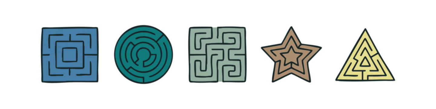 Maze and puzzle icons: square, circle, labyrinth, star, triangle on white background.