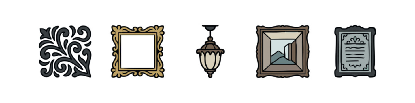 Decorative elements including scrollwork, ornate frames, a lantern, and framed artwork.