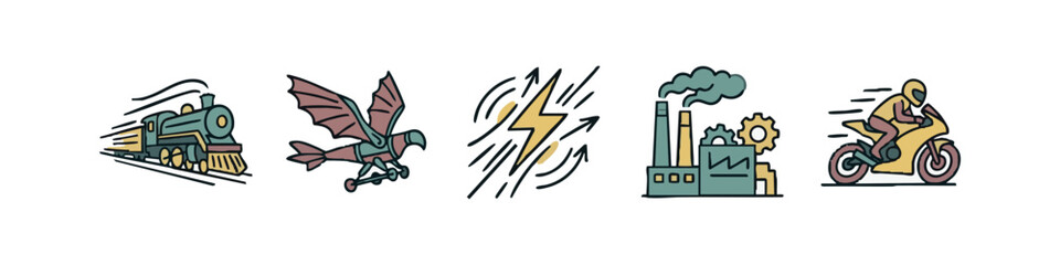 Obraz premium Doodle Icons: Steam Train, Mechanical Bird, Lightning Bolt, Factory, Motorcycle
