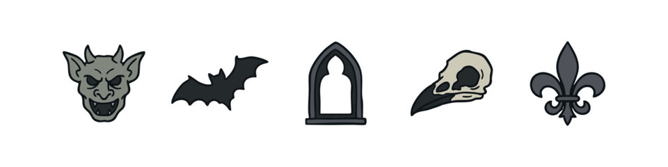 Gothic horror icons: gargoyle, bat, window, skull, fleur de lis © liubomir118809