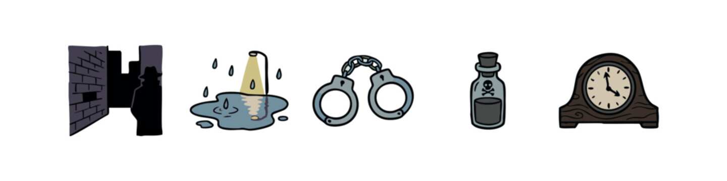 Crime scene icons: brick wall, puddle, handcuffs, poison bottle, clock