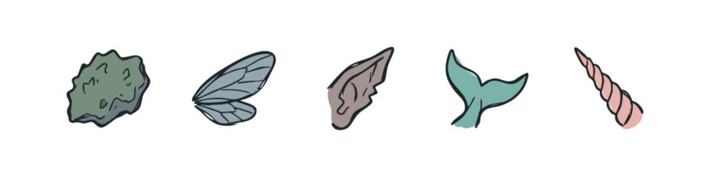 Fantasy elements: rock, fairy wing, elf ear, mermaid tail, unicorn horn