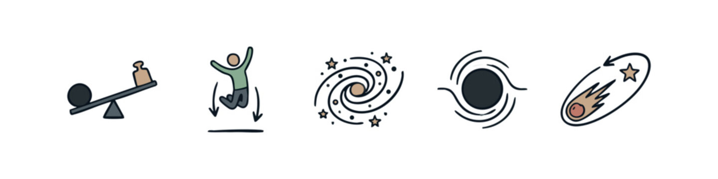 Physics concepts icons: seesaw, jumping, galaxy, black hole, comet