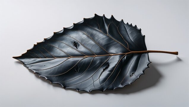 dark leaf with bite marks on a white background