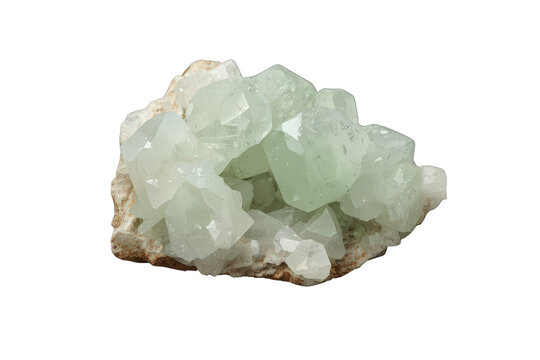 Green apophyllite zeolite aggregate mineral cluster displaying natural crystal formation on rock matrix with transparent background