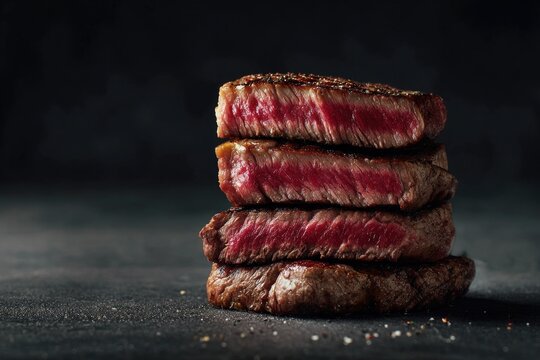 A stack of perfectly grilled steaks sits on a dark surface, showcasing their rich marbling and enticing texture.
