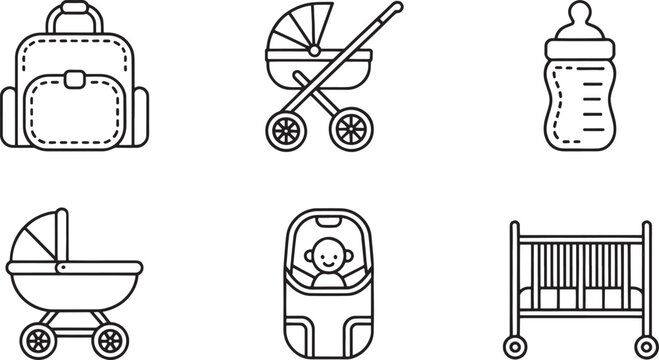 Infant care icons illustrate a diaper bag, strollers, a baby bottle, a carrier, and a crib representing essential products for newborn parenting and childcare needs.