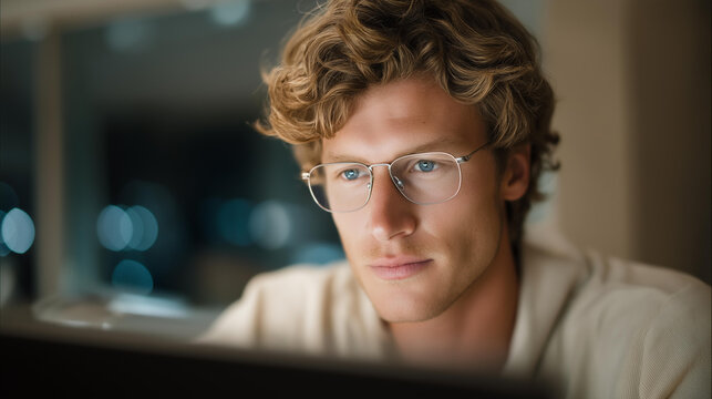 Software developer performing cloud infrastructure integration, code reflecting on glasses, illuminated by blue light from computer screens. cinematic color correction, natural uneven lighting yet