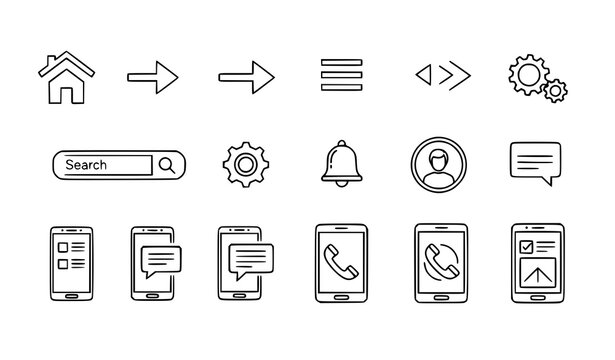 Mobile UI thin line icons vector set with phone navigation settings search and interface symbols in clean outline style