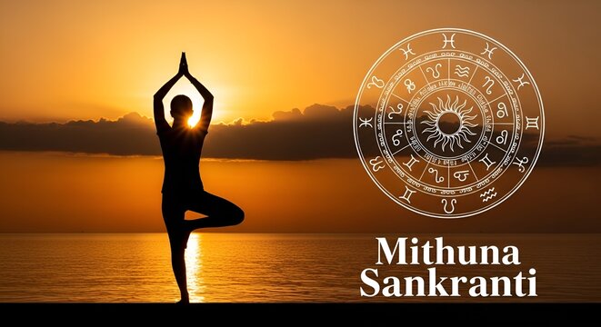 Mithuna Sankranti, Peaceful yoga pose silhouetted by rising sun and zodiac.