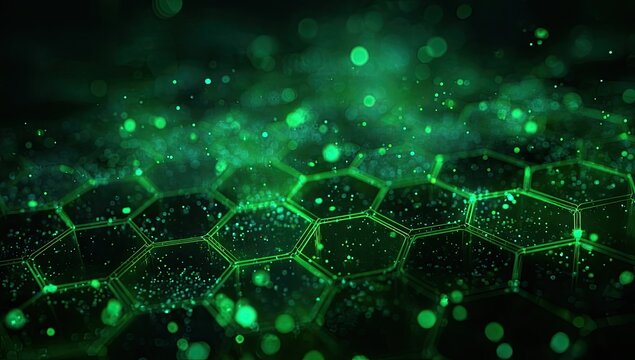 Luminous green hexagonal grid with glowing particles in dark abstract space