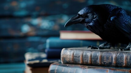 Obraz premium Mysterious black raven perched on old leather-bound books in dimly lit library setting