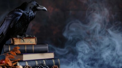 Obraz premium Mysterious Raven Perched on Old Books Surrounded by Smoke and Autumn Leaves in Enigmatic Setting