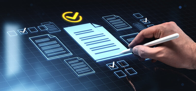 Digital form completion with stylus on futuristic interface showing documents and checkmarks for modern digital workflow concept.