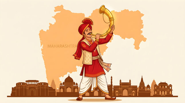 Maharashtra Day illustration with traditional Indian man blowing conch shell