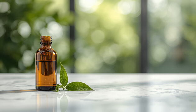 갈색 약병과 초록색 허브 잎 (비건영양제/한방)