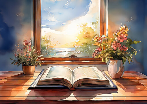 Reading a book by the window in a quiet room, occasionally gazing at the sea from the window.