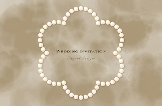パールの6花びらフラワーフレーム（グレージュ水彩背景・横長・文字入り）｜Elegant Pearl Six Petal Flower Frame on Greige Watercolor Background, Horizontal Luxury Wedding Invitation Template with Text