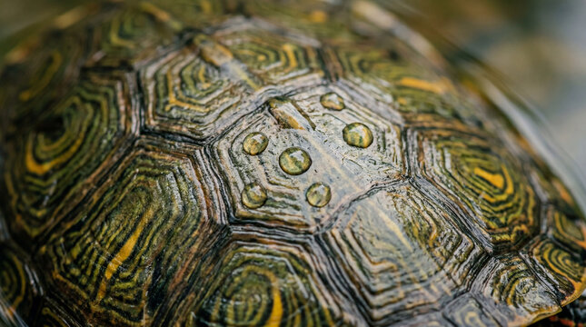 Extreme Macro of Geometric Scute Patterns on a Wet Aquatic Turtle Shell with Water Droplets