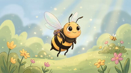 Naklejka premium Cute bumblebee cartoon illustration, happy honey bee flying over spring flower meadow, whimsical garden insect character in sunny nature landscape