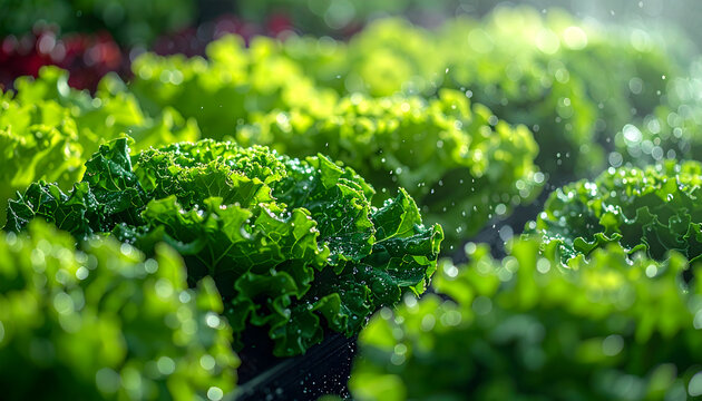 Kale spinach and romaine lettuce rows with crystal clear water droplets from an automated misting system on vibrant green leaves generative AI
