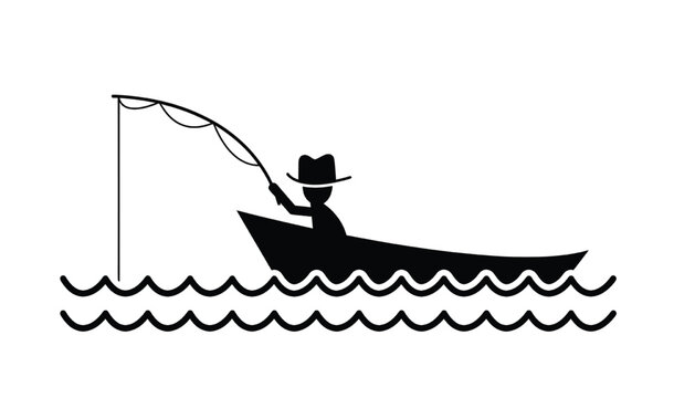 Fisherman silhouette fishing under a sail in wavy sea lines for coastal banner and maritime background