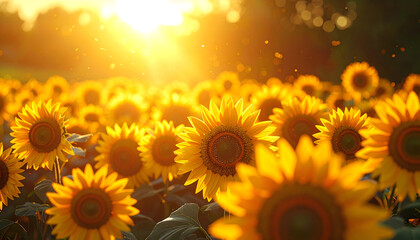 Obraz premium Sunflowers display featuring bright yellow petals hit by sunlight from the entrance during golden hour for a vibrant and joyful mood generative AI