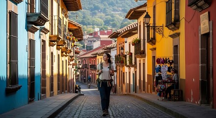 Fototapeta premium Woman Walking Down Colorful Street in Town.