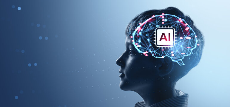 Silhouette of a kid with glowing ai brain interface and digital