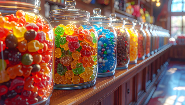 Candy bins filled with gummy bears jelly beans and chocolate balls featuring plastic scoops and glossy textures in joyful colors generative AI