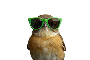 Fototapeta premium Cute bird wearing green sunglasses, looking cool and enjoying summer, having fun on transparent background