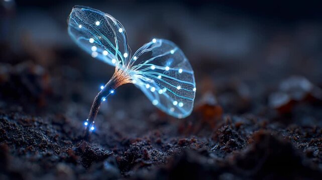 A small sprout with transparent leaves and a glowing blue neural network grows from the soil. Futuristic biotechnology, new life, innovation.