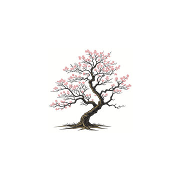 Minimal cherry blossom bonsai tree illustration isolated on white