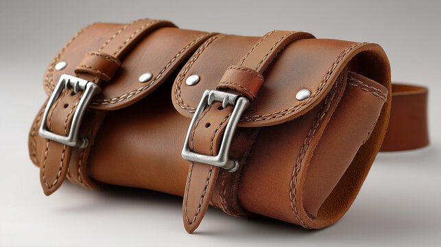 Brown leather holster with metal buckles on a clean background, professional carry accessory concept, vintage leather product photography, with copy space