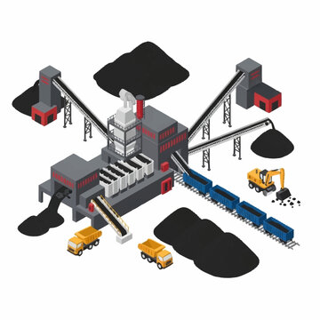 Coal processing plant with trucks and trains illustration.