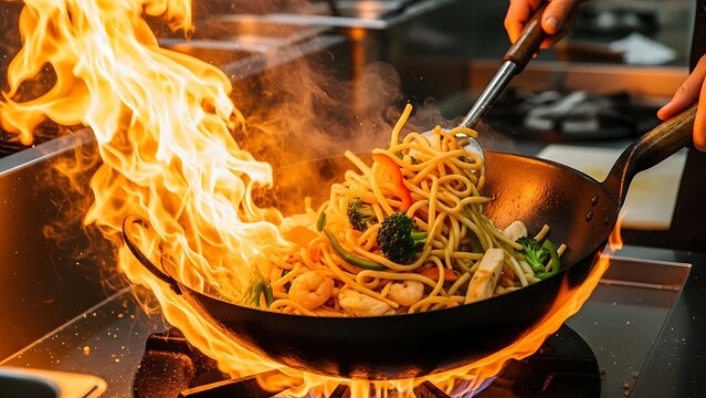 Chef cooking noodles in a wok with flames.