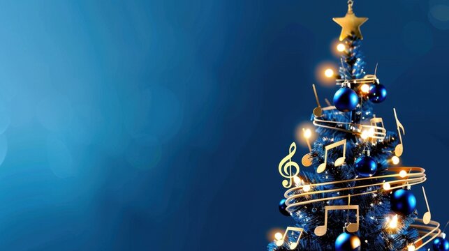 Elegant Blue Christmas Tree Decorated with Musical Notes and Ornaments against a Soft Blue Background