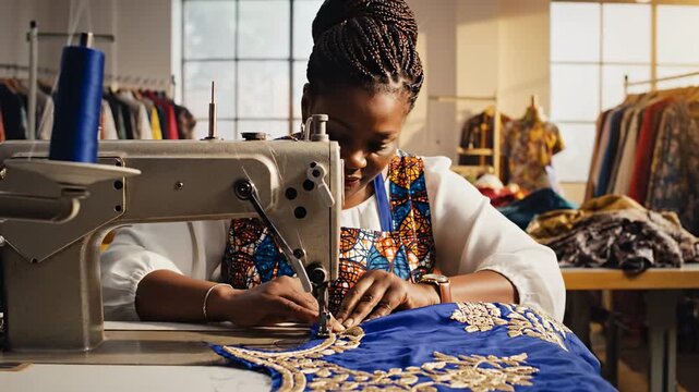 African woman sewing on machine.