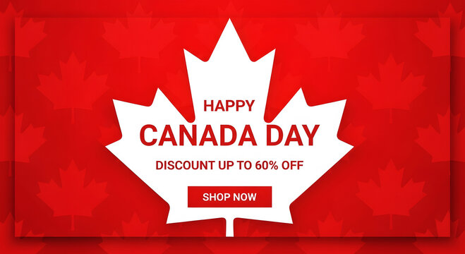 Happy Canada Day discount sale banner with maple leaf and shop now button image