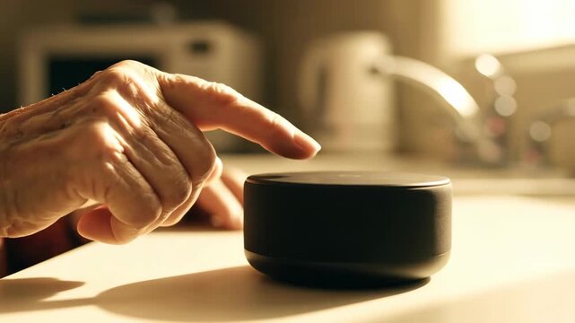 Senior citizen's hand activates smart speaker device in the kitchen, using technology at home for modern living and information.